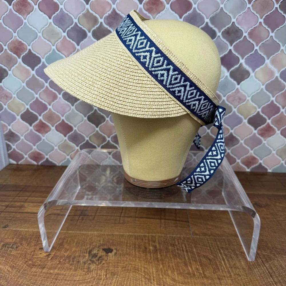 NWT Sea & Grass Straw Visor Navy Blue Geometric Ribbon Tie Back Adjustable